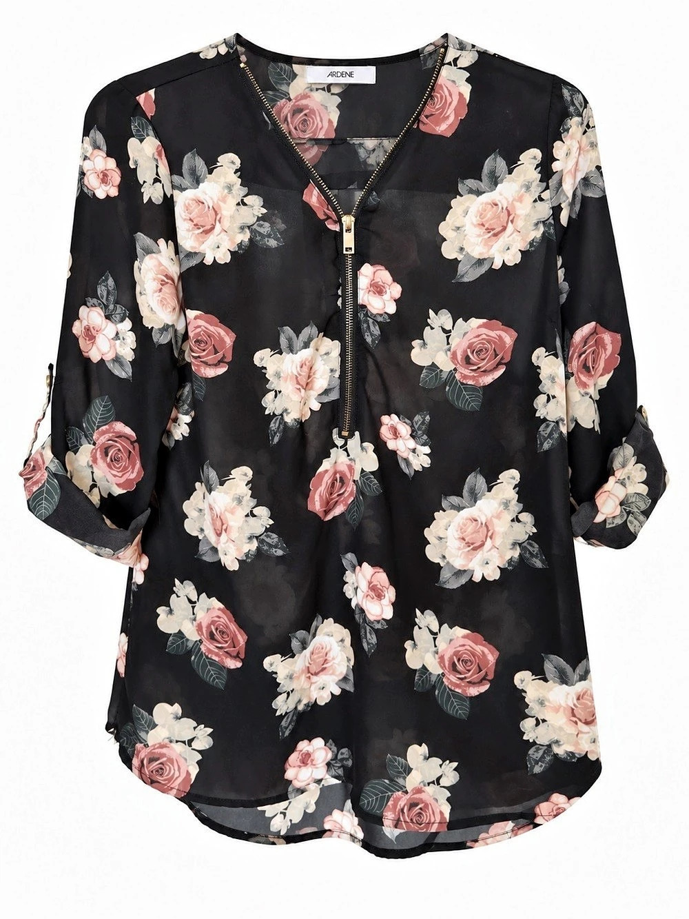 Ardene Black Floral Zip Front Blouse Size S Roll Tab Sleeves